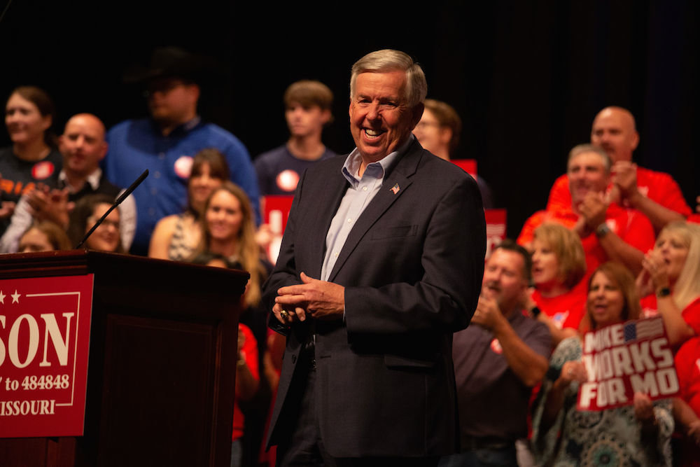 Gov. Mike Parson announces his gubernatorial bid at Bolivar High School, pointing to a strong Missouri economy.