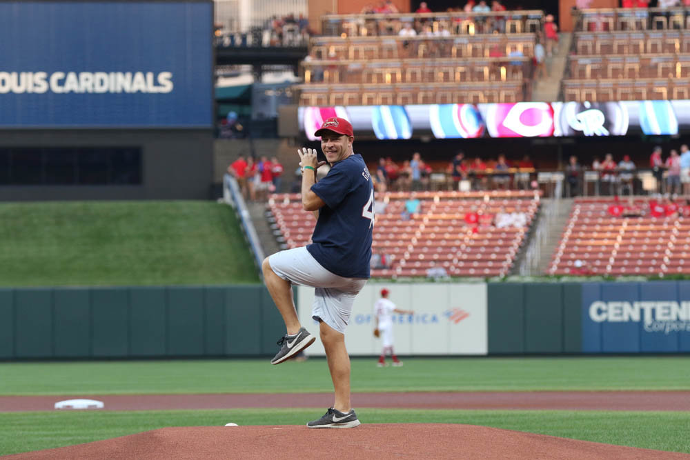 STRIKE FOR EDUCATION
Springfield resident Tully Lale throws out the ceremonial first pitch at the Sept. 16 St. Louis Cardinals game during College Theme Night. He works as a program mentor for Western Governors University and was selected through an online contest by the school.