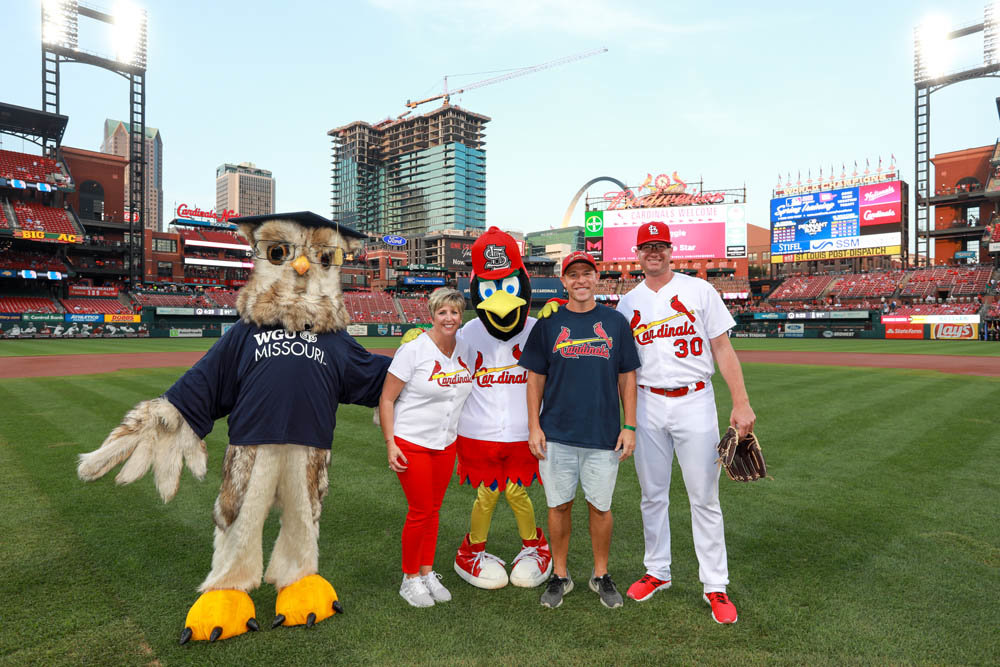 STRIKE FOR EDUCATION
Springfield resident Tully Lale is pictured with Cardinals pitcher Tyler Webb, WGU Missouri Chancellor Angie Besendorfer, and mascots Sage and Fredbird.