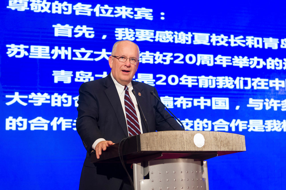 MSU has long-standing roots in China. Above, President Clif Smart in 2018 speaks at Qingdao University to commemorate the 20th anniversary of a partnership between the two schools.