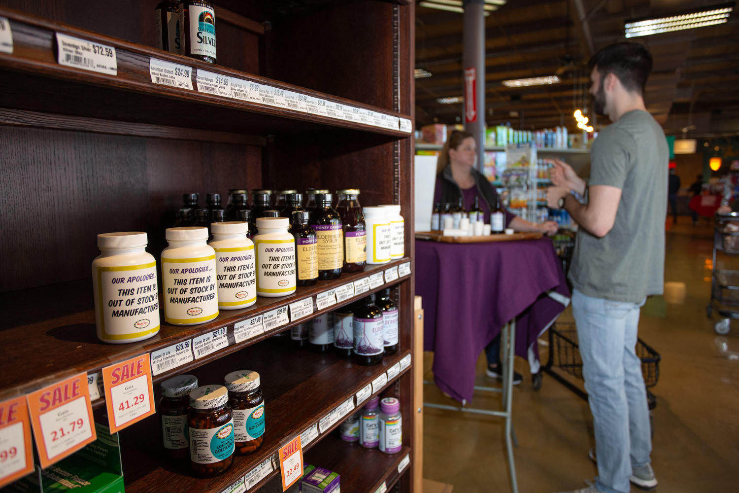 HIGH DEMAND: Customers have wiped out the shelves of viral defense products at MaMa Jean’s Natural Foods Market, following a shortage nationwide.