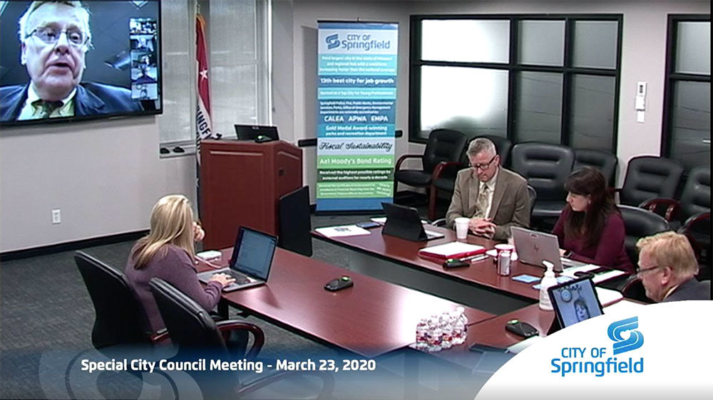 VIRTUAL QUORUM: Springfield City Council members participate in an emergency closed session March 23 through videoconferencing amid COVID-19 concerns. Mayor Ken McClure addresses the group in a Zoom meeting, with Springfield-Greene County Health Department, third from right, in attendance. The next day, McClure announced a stay-at-home edict for 30 days beginning March 26.