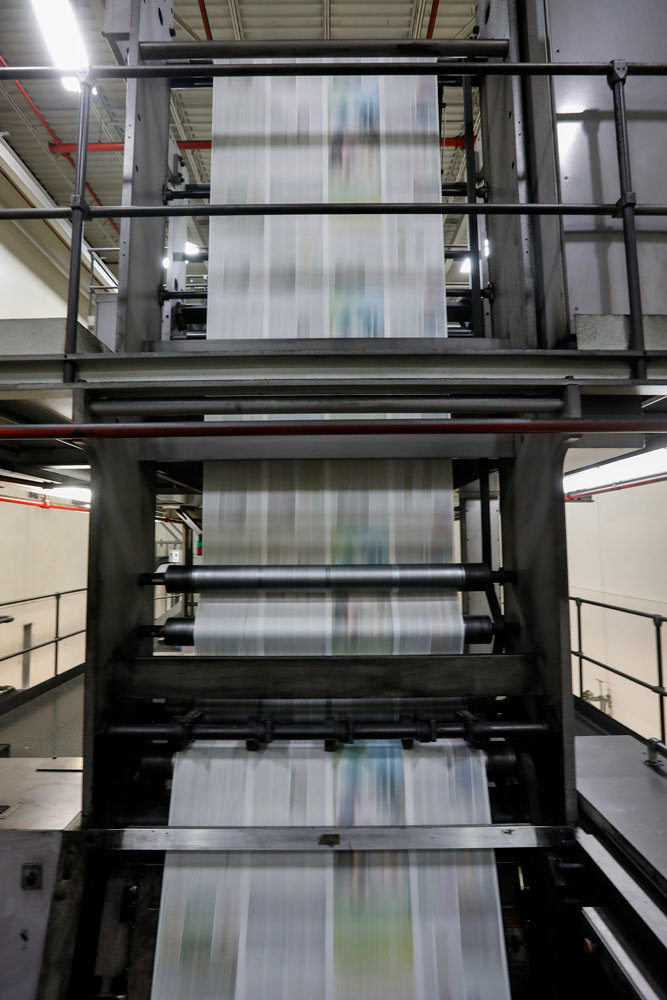 FINAL RUN: The Springfield News-Leader's printing press makes its final run March 29. Officials with parent company Gannett Co. Inc. moved the printing operations to Columbia, resulting in layoffs of 41 people, including pressmen and mail room staff, according to News-Leader Editor Amos Bridges.