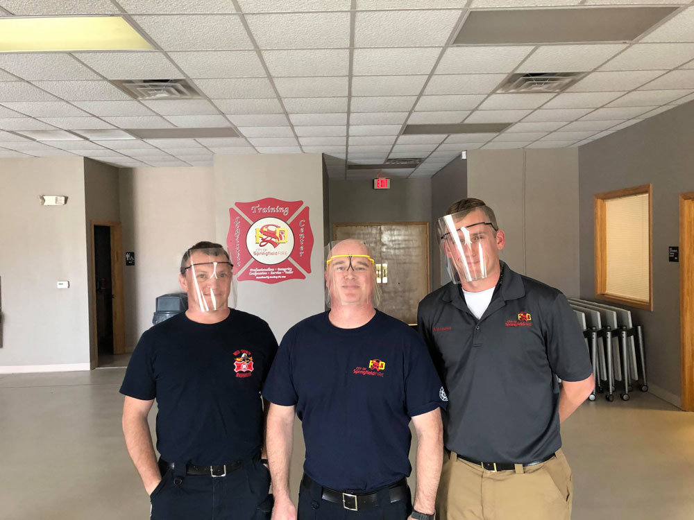 3D PROTECTION: Springfield firemen wear face shields that were 3D printed through a partnership with Missouri State University, CoxHealth and Jordan Valley Innovation Center.