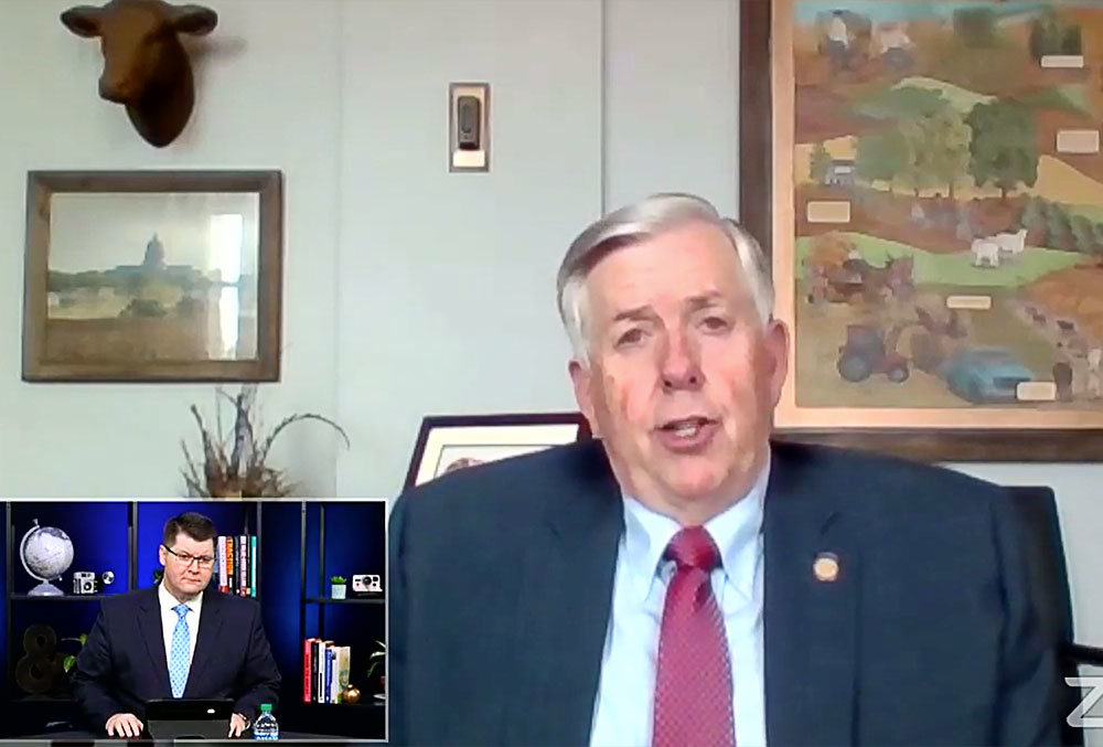 ZOOM MORNING, SGF
Springfield Area Chamber of Commerce President Matt Morrow talks with Gov. Mike Parson during the May 14 virtual Good Morning Springfield. The chamber’s monthly breakfast meetings have moved to the Zoom and Facebook Live platforms during COVID-19 public gathering restrictions. Parson thanked CoxHealth Dr. Robin Trotman for serving on the state’s infectious disease panel and advising him during the pandemic. “That’s been invaluable for the knowledge he had and how he helped,” Parson told Morrow.
