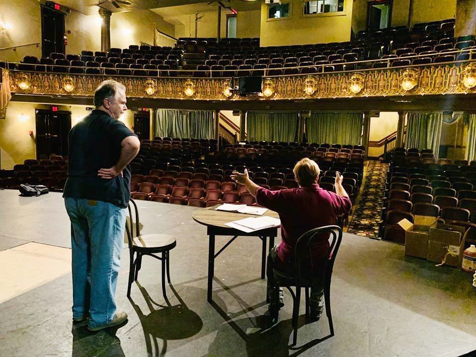 BACK ON STAGE
Mark Gideon, standing, and Beth Domann rehearse for “Deep in the Heart of Tuna,” the first show to return to the Landers Theatre stage after three productions were postponed during COVID-19 restrictions. Springfield Little Theatre performers are taking the stage July 17-26. Theatergoers can watch the performance in-person – with social distancing and face masks required – or as a virtual show. “Just as many people have told us they are not ready to come back have told us they are dying to come back,” says Marketing Director Megan Buchbinder. “That’s why we’re adding the streaming option.”