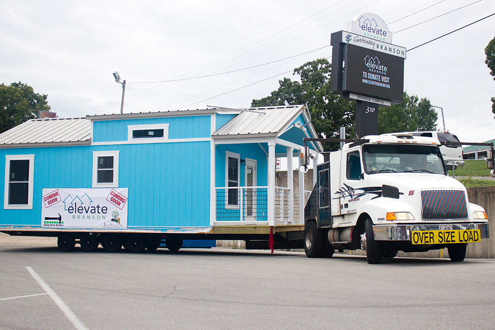 ON DISPLAY: A model 400-square-foot house is temporarily located in the parking lot of Elevate Branson's campus to promote Elevate Community.