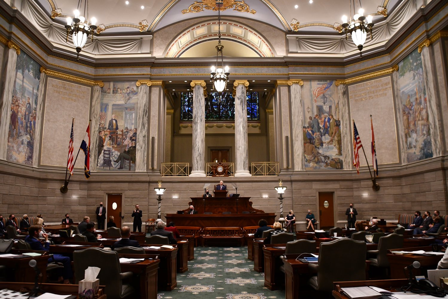 Parson's speech is delivered in the socially distanced Senate chambers.