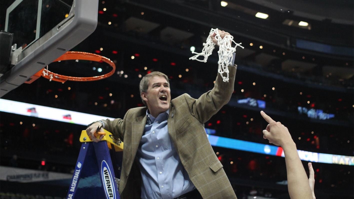 Steve Hesser cuts down the net after leading the Drury Panthers to a NCAA-II national championship win in 2013.