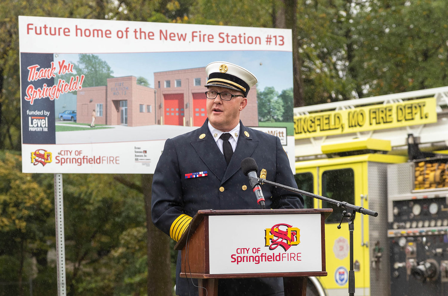 Springfield Fire Department Chief David Pennington lays out plans for Fire Station No. 13 during a Thursday groundbreaking ceremony.