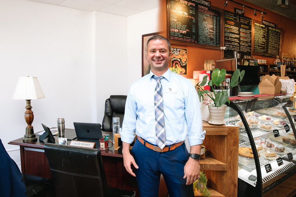 HERE AND THERE: As a newspaper publisher, Jacob Brower allowed his employees to work where they were most productive. Now that he works alone, he splits his time between his office and coffee shops.