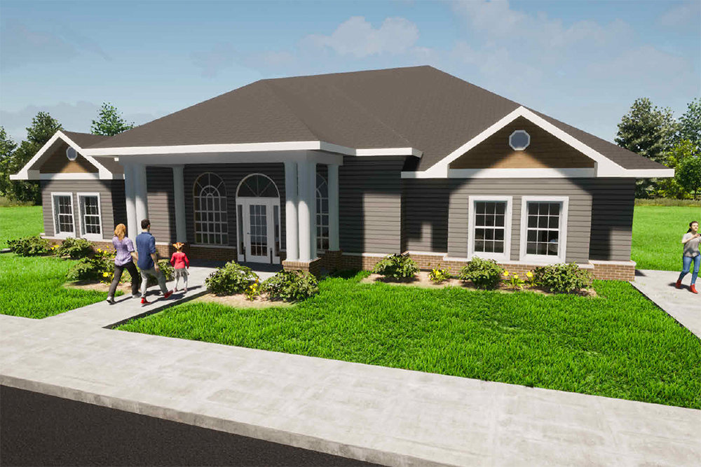 An architectural rendering shows a community center in the middle of Generations Village.