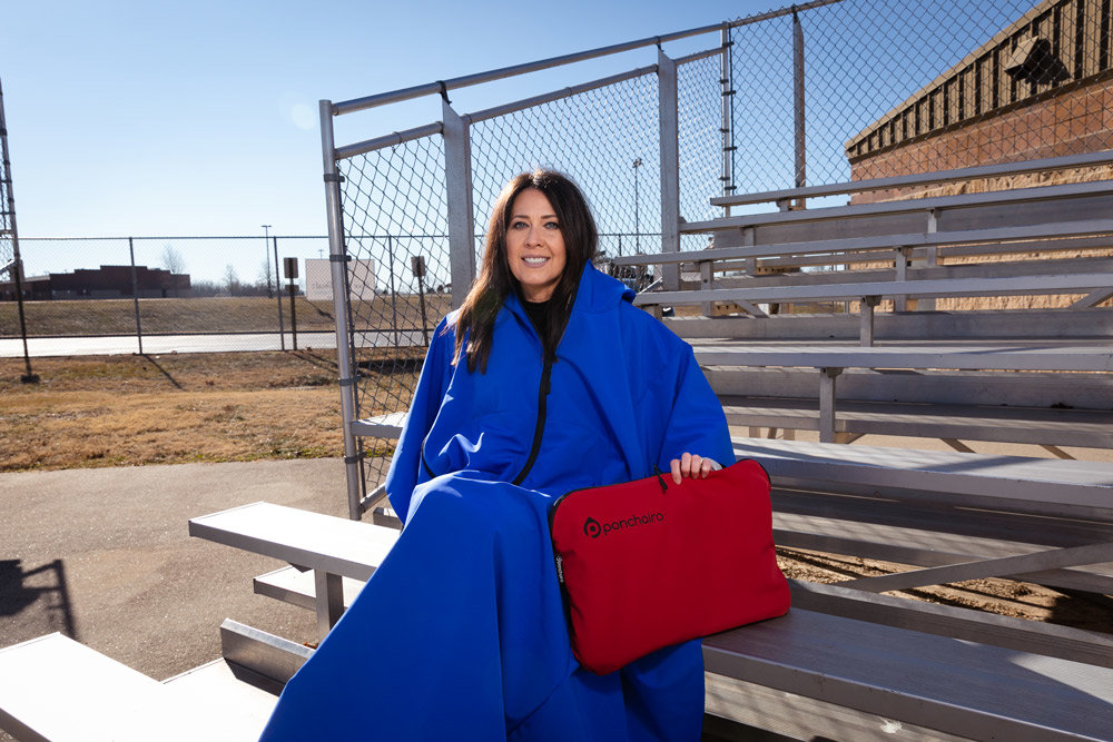 Shivering after sundown at her kids' sporting events led Melissa DuVall to invent the Ponchairo, a poncho that can be attached to a seat.