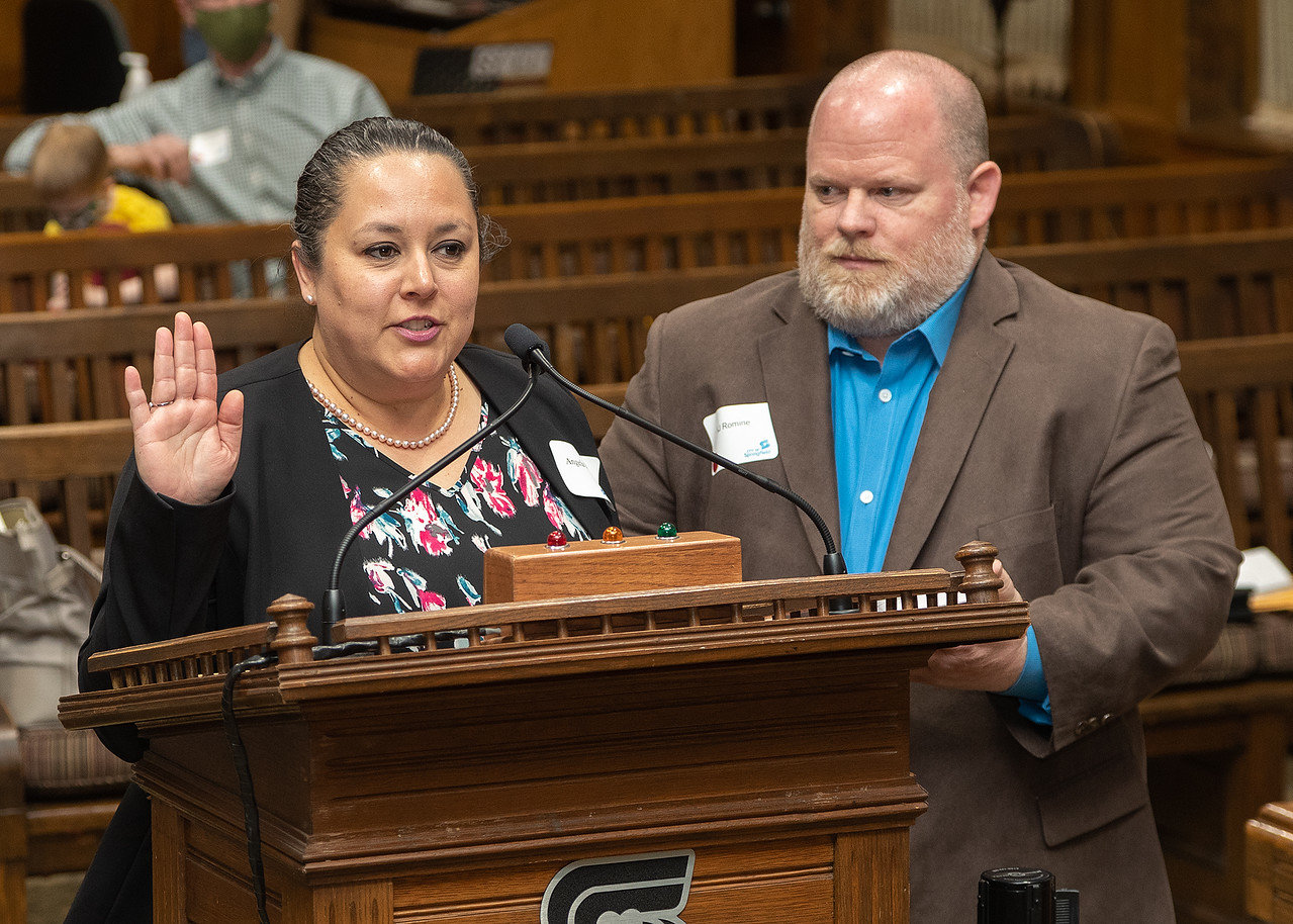 Angela Romine served on Springfield City Council since April 2021. She's pictured being sworn into the position.