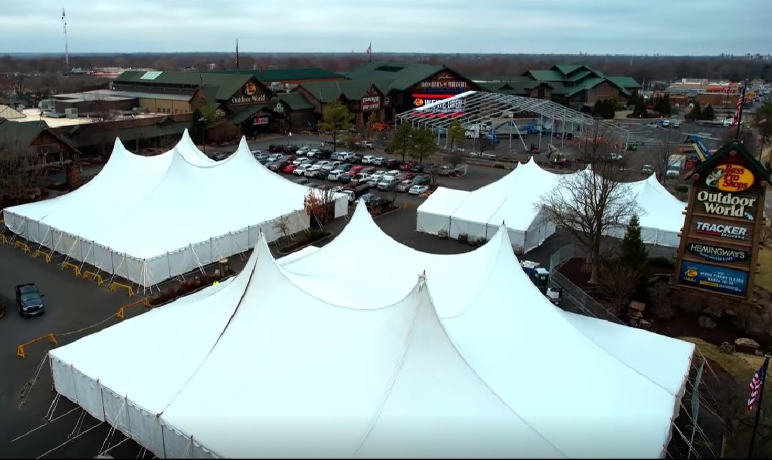 Tents are installed at Bass Pro Shops' flagship store in preparation for the World's Fishing Fair scheduled March 30-April 3.