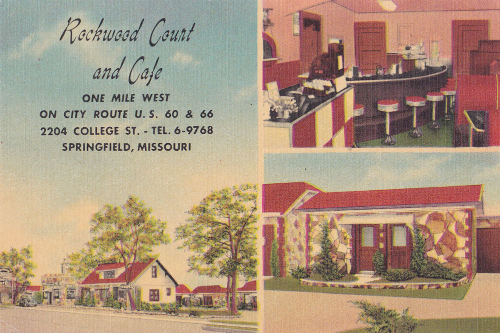 This historic postcard shows the Rockwood Court and Cafe in its prime, circa 1955.