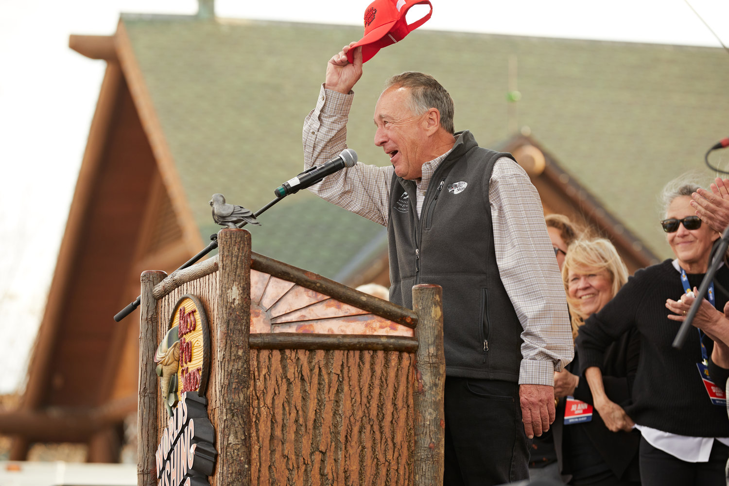 Johnny Morris, founder and CEO of Bass Pro Shops, welcomes the crowd at the kickoff ceremony for the World’s Fishing Fair Wednesday.