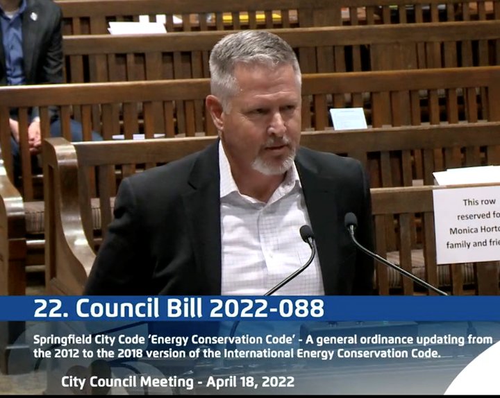 Mark Gambon, board president of the Springfield Contractors Association, voices his organization’s support for passing the 2018 version of the International Energy Conservation Code at the April 18 meeting of Springfield City Council.