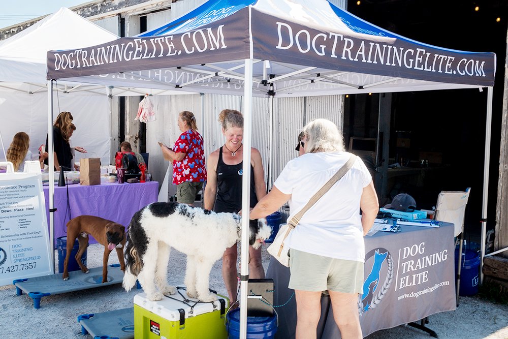 Kristi ANderson talks with a visitor at the Ozark Farmers Market, where her family has had a Dog Training Elite booth set up since May.