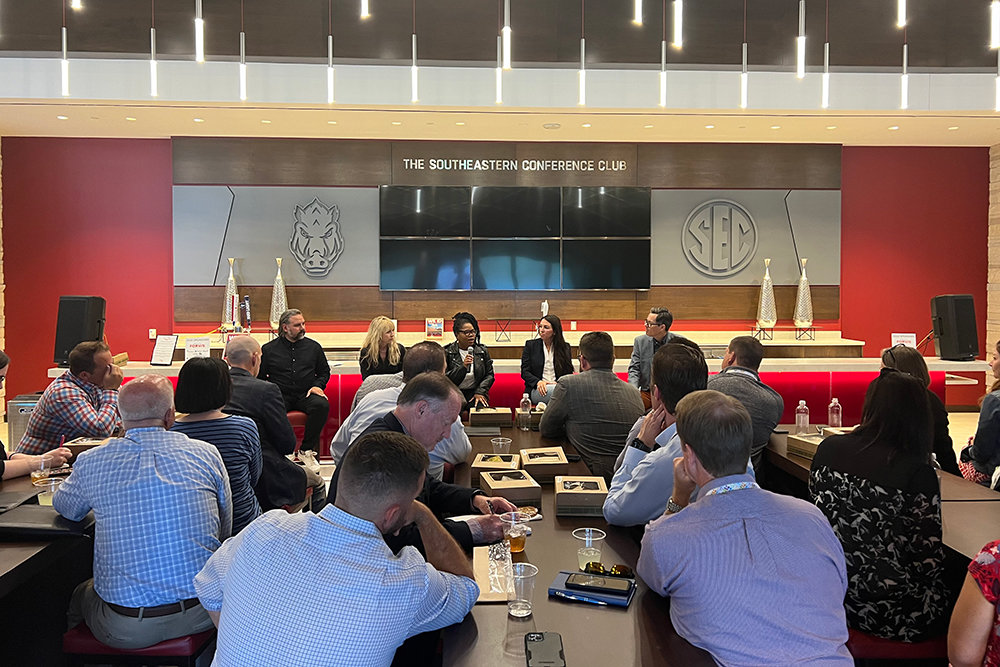 REGIONAL TALENT: The Southeastern Conference Club on the University of Arkansas campus in Fayetteville hosts a panel discussion on regional talent attraction and retention during the Springfield Area Chamber of Commerce's annual Community Leadership Visit.