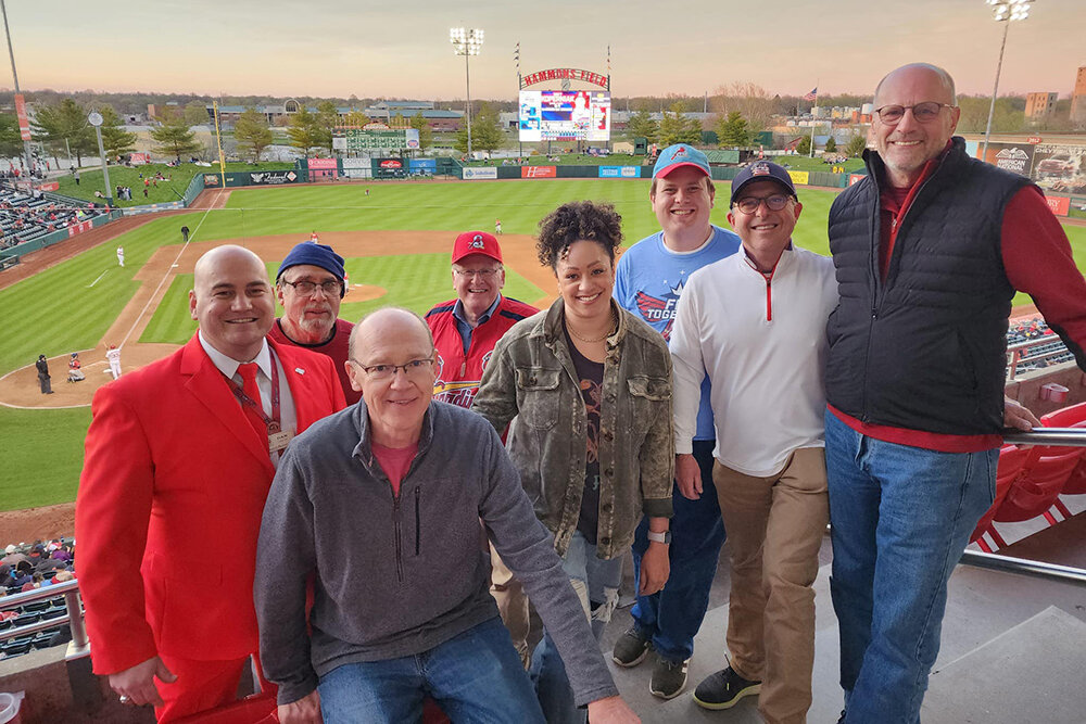 TAKE ME OUT: Attending the opening day celebration at Hammons Field, home of the Springfield Cardinals, on April 6 were, from left, Cardinals General Manager Dan Reiter and current and former council members Mike Schilling, Craig Hosmer, Mayor Ken McClure, Heather Hardinger, Matthew Simpson, Richard Ollis and Andrew Lear.