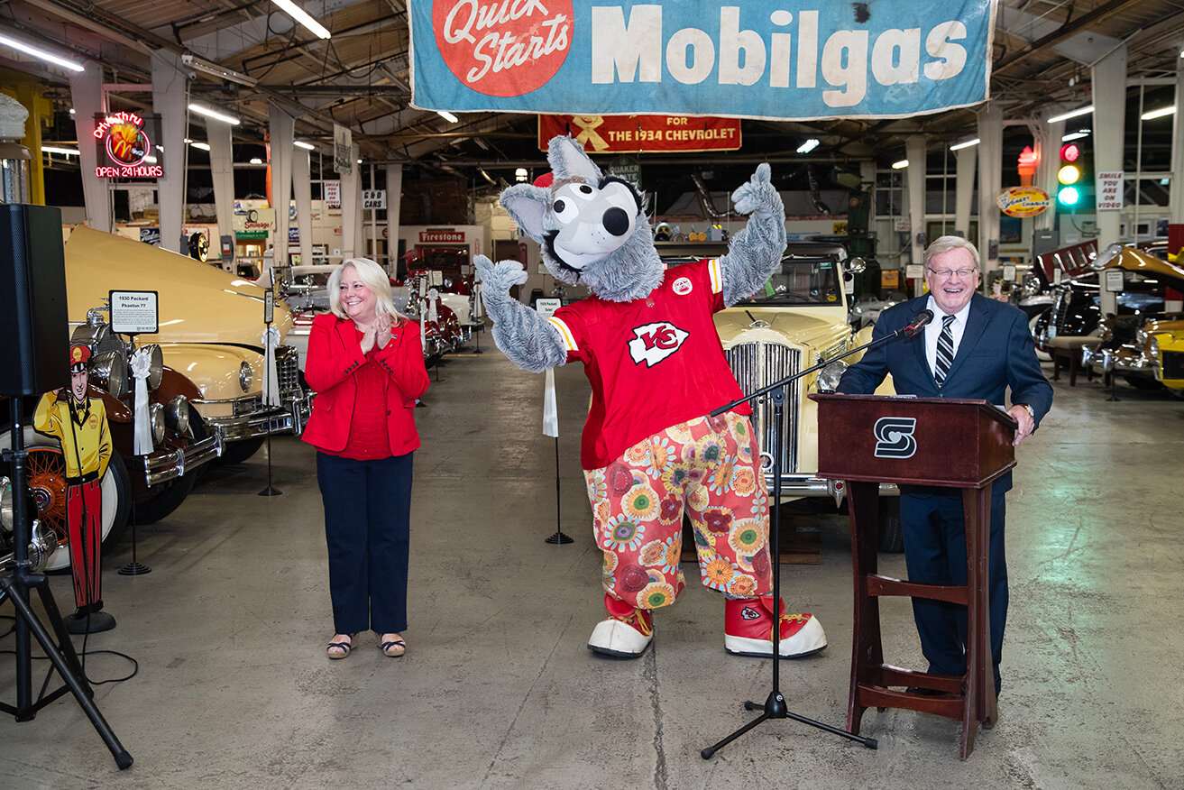 Mayor Ken McClure, right, and city spokesperson Cora Scott announce the Chiefs' participation in the Birthplace of Route 66 Festival during a July news conference.