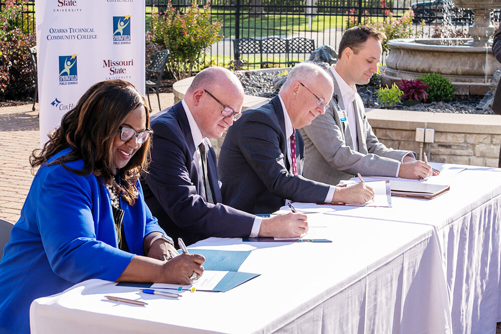 The leaders of CoxHealth, MSU, OTC and SPS in August sign a pact to create the Alliance for Healthcare Education.