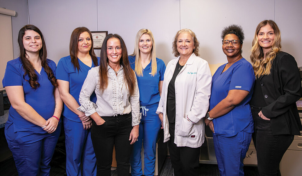 L - R: Sebrina Ingram, Medical Assistant; Amanda Goforth, Clinic Manager; Stacy Deters, Accounts Payable; Britany Hopkins, R.N.; Mary Huggins, Nurse Practitioner; 
Shannel Johnson, Medical Assistant; Brayli Shipley, Accounts Receivable.